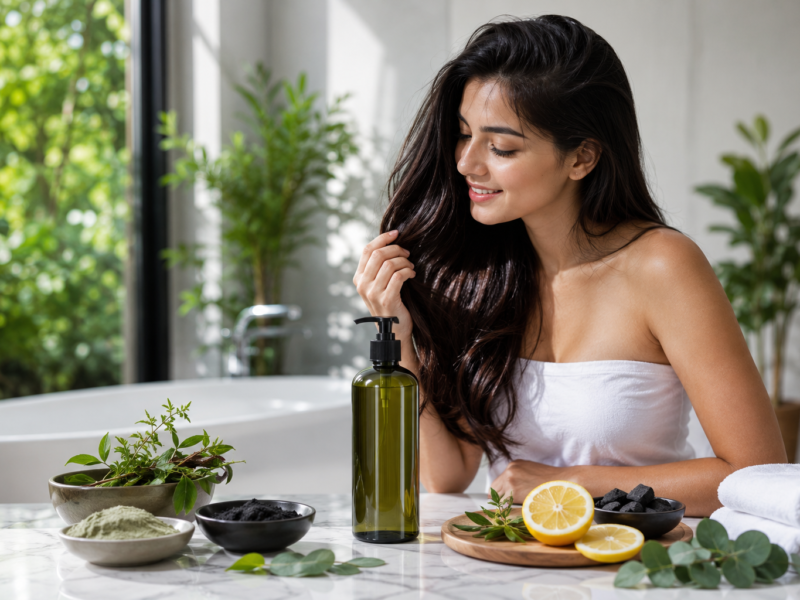 Best Shampoo for Oily Hair with a clarifying shampoo bottle, healthy shiny hair, clean scalp, and natural hair care ingredients on a bathroom countertop.