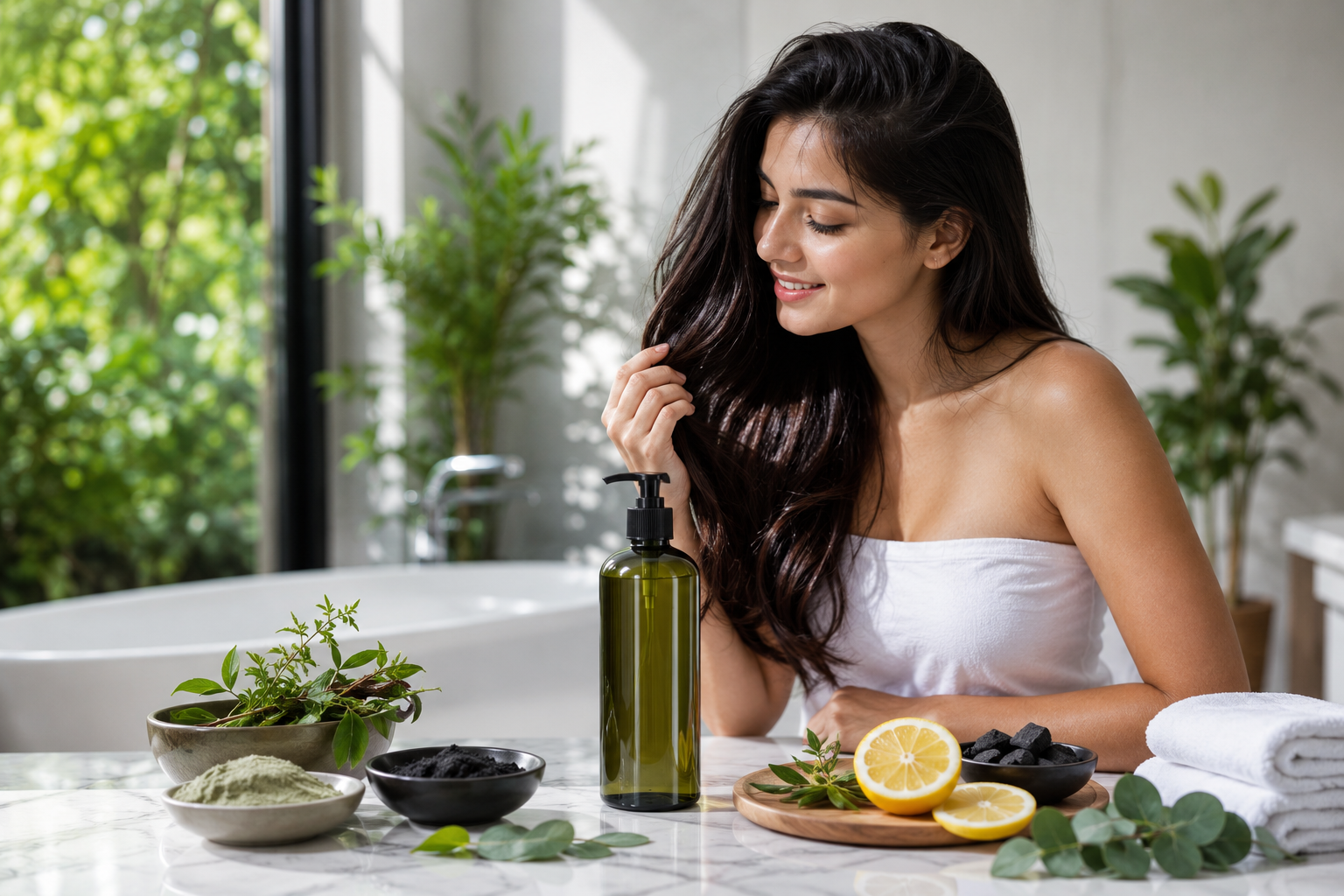 Best Shampoo for Oily Hair with a clarifying shampoo bottle, healthy shiny hair, clean scalp, and natural hair care ingredients on a bathroom countertop.